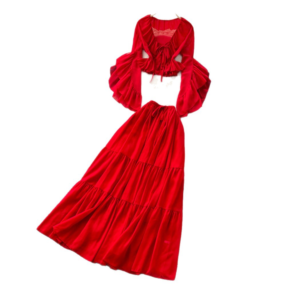 French Vacation Style Red Ruffled Flare Sleeve V Neck Blouse with High Waist Skirt Set Elegant Autumn Outfit for Women