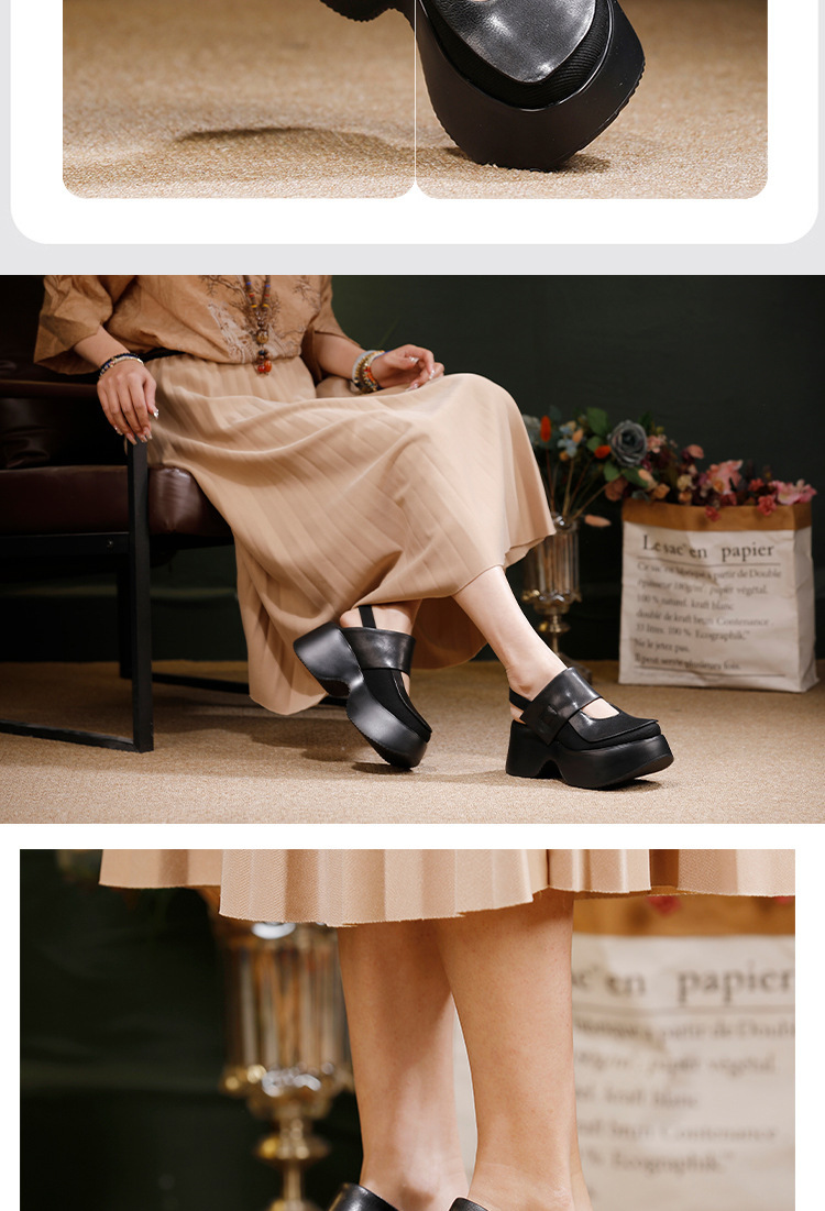 Sandal nữ quai ngang đế dày da bò thật mũi tròn — màu đen