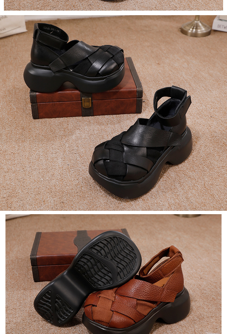 Sandal nữ đế dày thủ công da bò bện dây — màu đen, Màu nâu