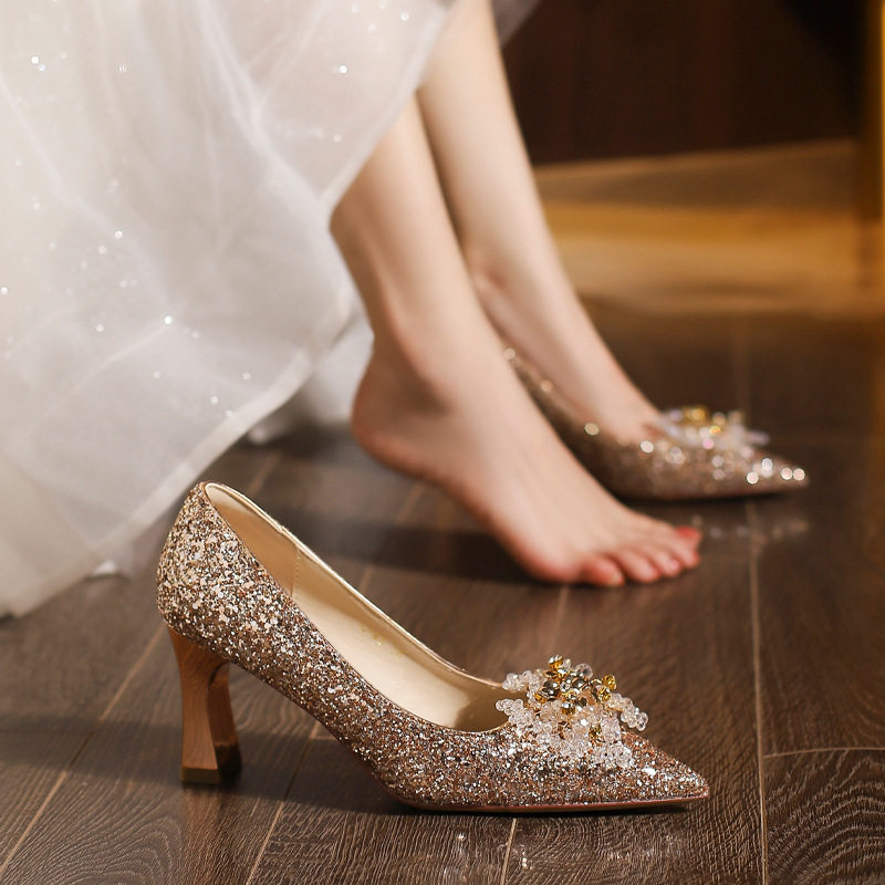C755-12 wedding shoes women's bridal shoes sequined wedding dress two-way crystal shoes 2024 new high heel plus size 32-43