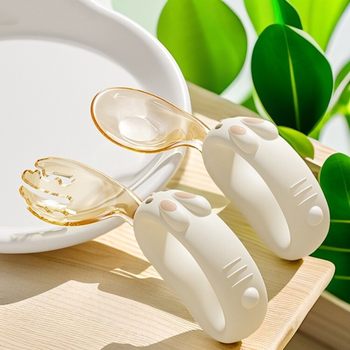 Baby Spoon and Fork Learning to Eat Complementary Food Newborn Baby Independent Eating 1-Year-Old Kidsren Ppsu Training Eating Fork and Spoon