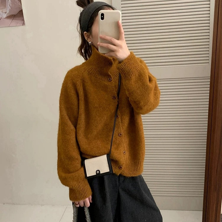 韩系复古立领高领毛衣外套女秋冬软糯糯上衣外穿宽松慵懒针织开衫