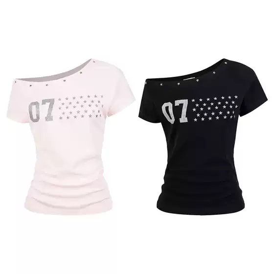 UNBDNS Retro American Style Star Y2K One-Shoulder Slim Fit Chic Women's Short-Sleeve T-Shirt Top Summer New Arrival