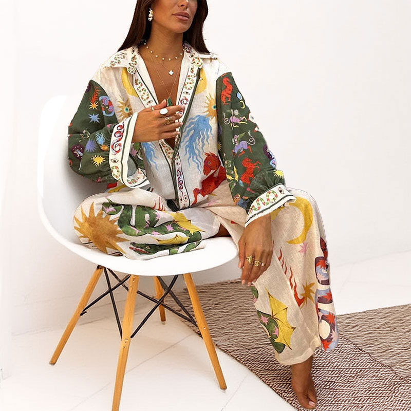 Womens Spring Fashion Set Casual Printed Long Sleeve Shirt and Loose Pants Stylish and Comfortable Wholesale Available