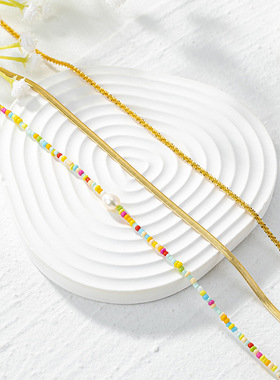 多件套扁形蛇骨链彩色小米珠锁骨链铜镀18K金时尚复古优雅ins冷淡