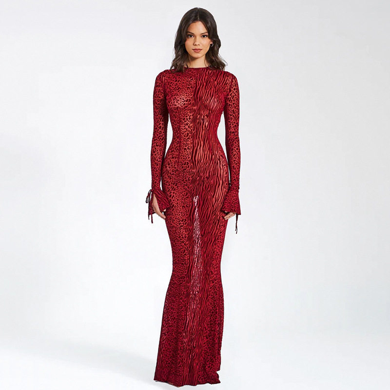 Red Leopard Print Mermaid Dress Sexy Backless Design Round Neck Elegant Style Perfect for Parties Wholesale