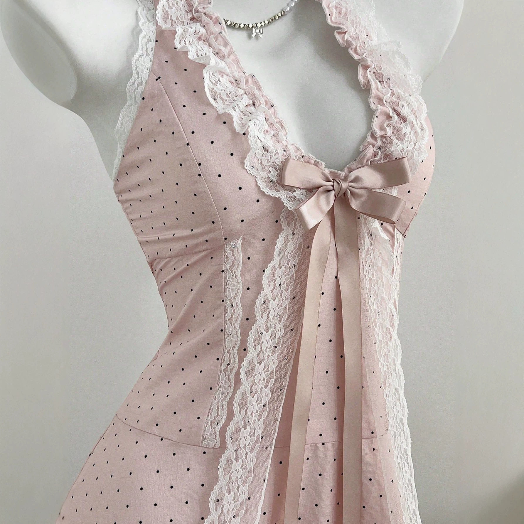 Polka Dot V Neck Cake Dress Bow Tie Neckline Waist Defined Womens Fashion Perfect for Parties and Events Ready to