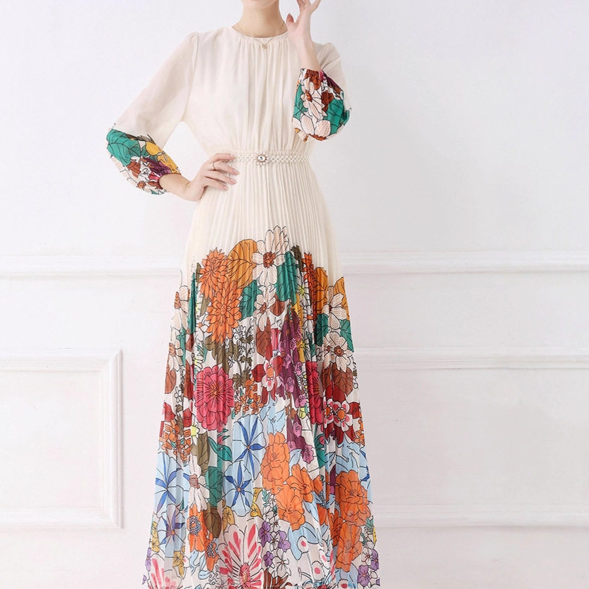Elegant French Style Womens Dress High End Aesthetic Waist Tie Design Fashionable Floral Print Pleated Long Skirt