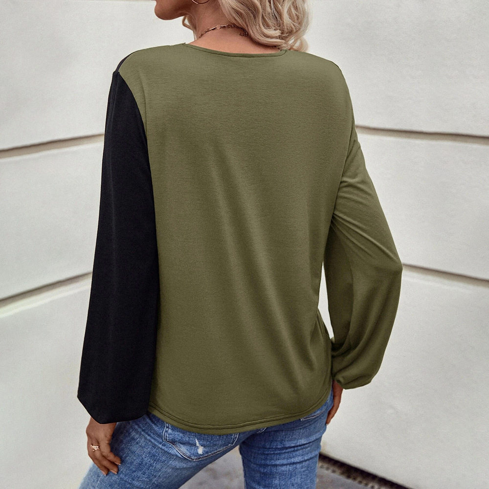 Womens Color Block Long Sleeve T Shirt Loose Fit Pocket Design Casual Style Perfect for Everyday Wear Wholesale