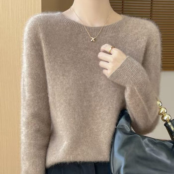 Skin-Feel 100% Wool One-Line Ready-To-Wear Seamless Autumn and Winter New Short Women's Round Neck Loose Bottoming Knitted Sweater