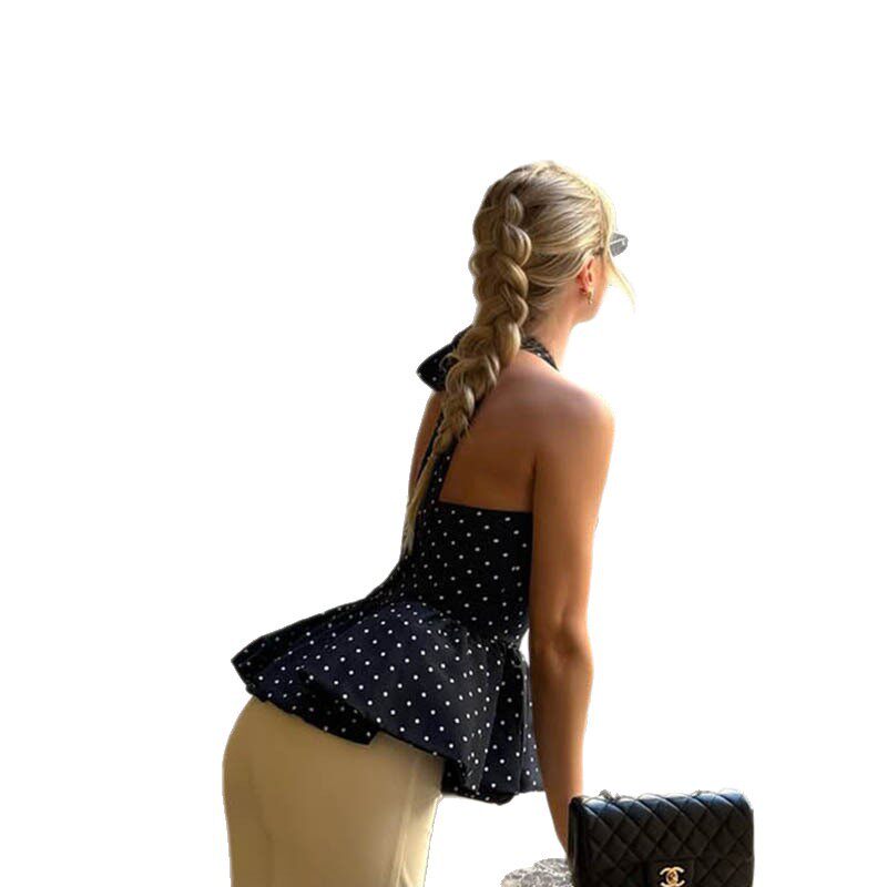 Summer Womens Backless Polka Dot Top Sweet Fresh Adjustable Tie Neck Slim Fit Versatile Casual Wear OEM Available