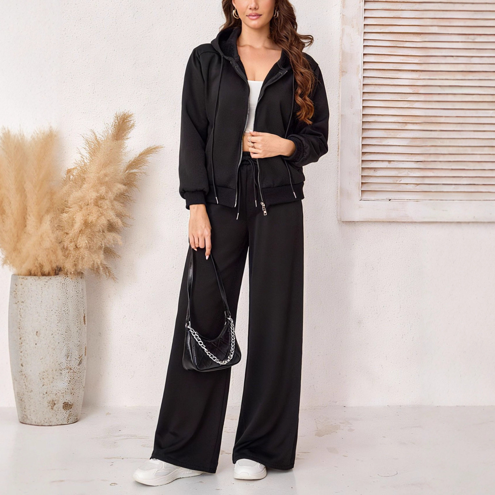 Womens Black Casual Tracksuit Slim Fit Fleece Lined Hooded Double Zipper Long Pants Autumn Winter Wear
