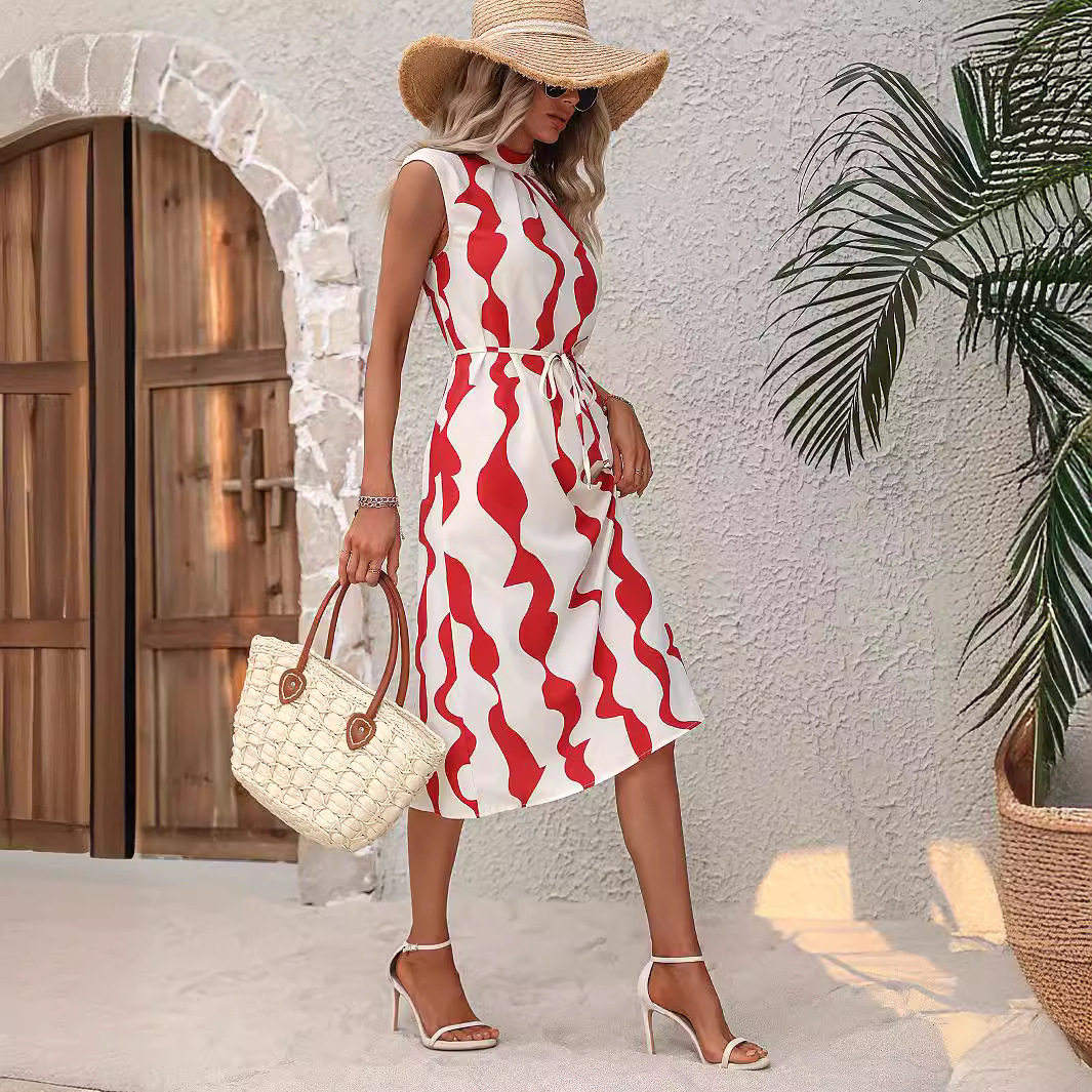 Summer Womens Irregular Print Tank Top Dress Mid Length Casual Style Lightweight Fabric Wholesale Available