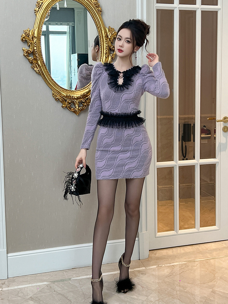 Đầm ren nữ dài tay cổ tròn thắt eo ôm body phong cách thanh lịch — Hoa tulip tím