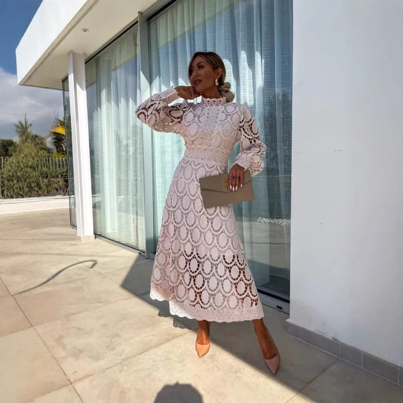 Lace Maxi Dress Sexy Hollow Out Long Sleeve Stand Collar Flared Hem Summer Occasion Wholesale Available