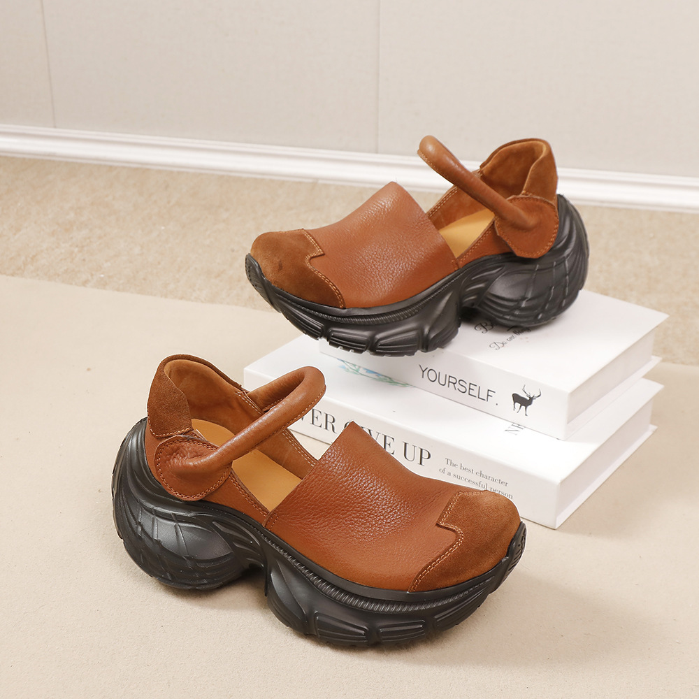 Giày sneaker nữ da bò thật đế dày phong cách thể thao — Màu đen, Màu nâu nhạt