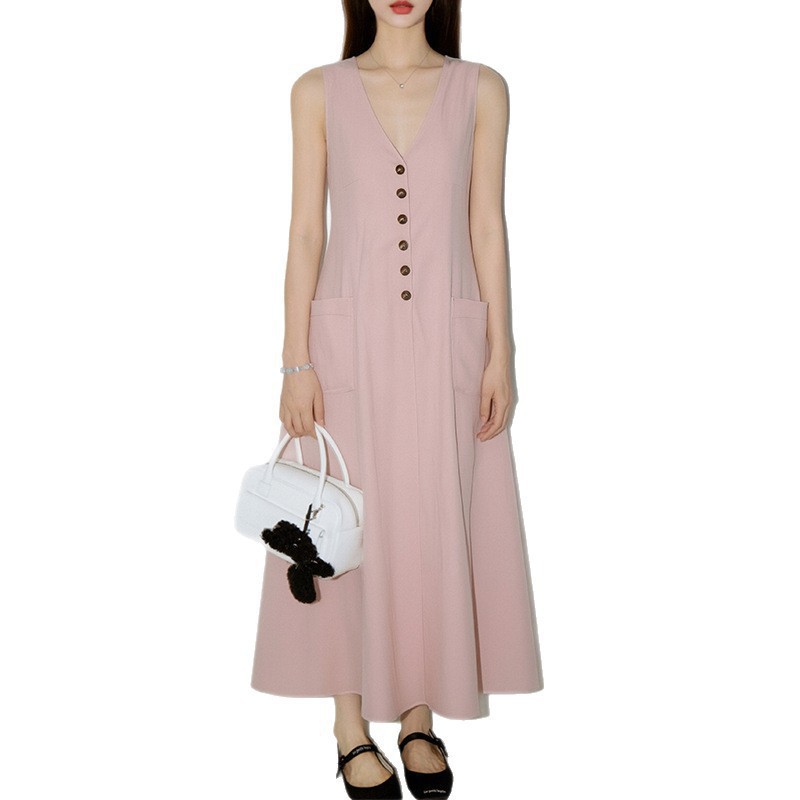 Womens Casual Loose V Neck Button Dress Solid Color Spring Fashion Ideal for Everyday Wear Wholesale Available