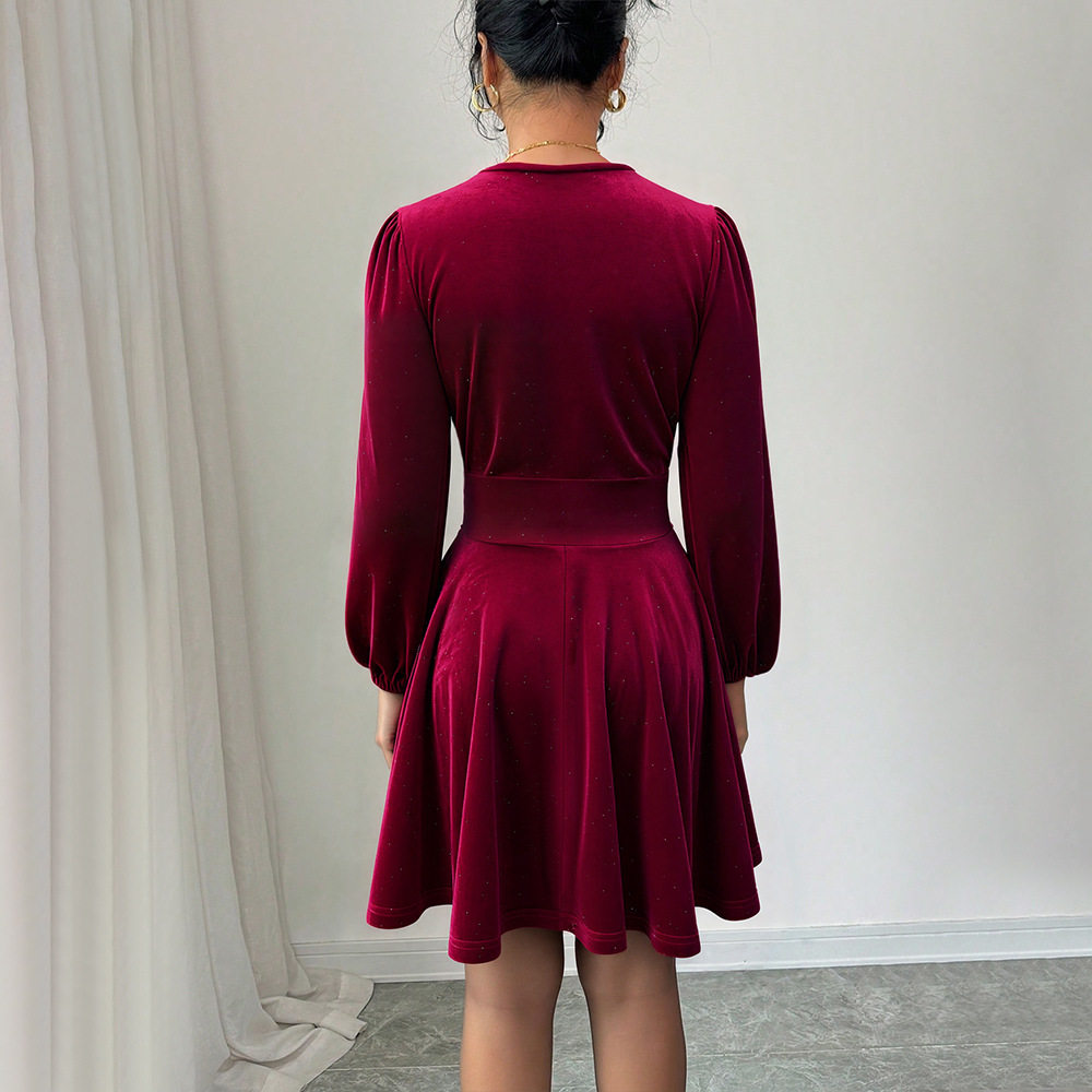 Vintage Style Burgundy Velvet A Line Dress V Neck Lantern Sleeves Slim Fit Ruffled Cocktail Party Evening Wear