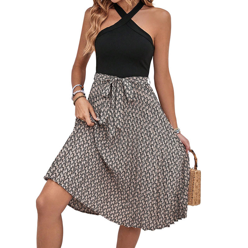Sleeveless Color Block Halter Dress Crossed Neckline Elegant Design Perfect for Summer Events Wholesale Available