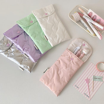 Ins Style Embossed Bow Pencil Bag Student High-Looking Stationery Storage Bag Pencil Bag Portable Sunglasses Cosmetics Bag