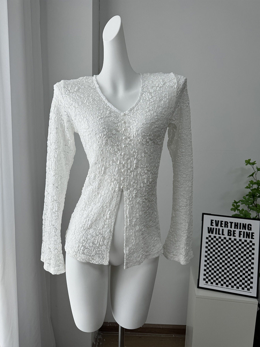 Lace Hollow Out Top Pearl Button Split Design Fitted Bell Sleeve Elegant Casual Wear for Women Wholesale Available
