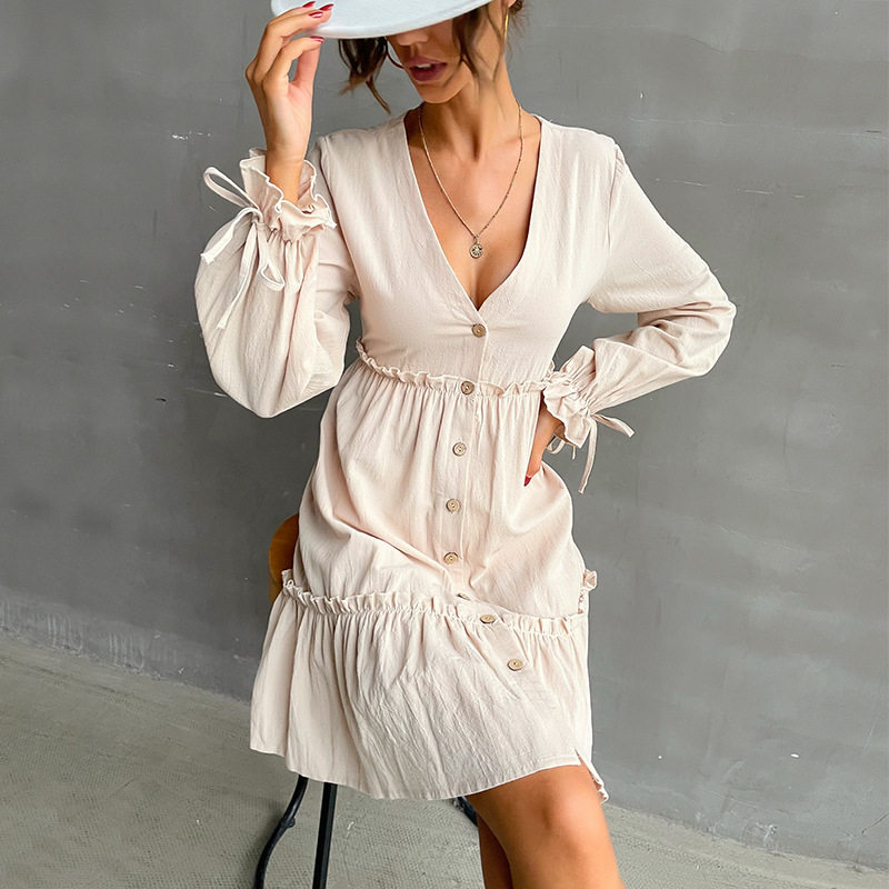 Slim Fit Cardigan Dress Ruffle Trim Long Sleeve Solid Color Casual Wear Suitable for Spring and Autumn Wholesale