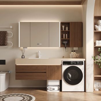 Medieval Style Solid Wood Washing Machine Integrated Cabinet Bathroom Cabinet Combination Light Luxury Slate Seamless Ceramic Integrated Basin Washstand