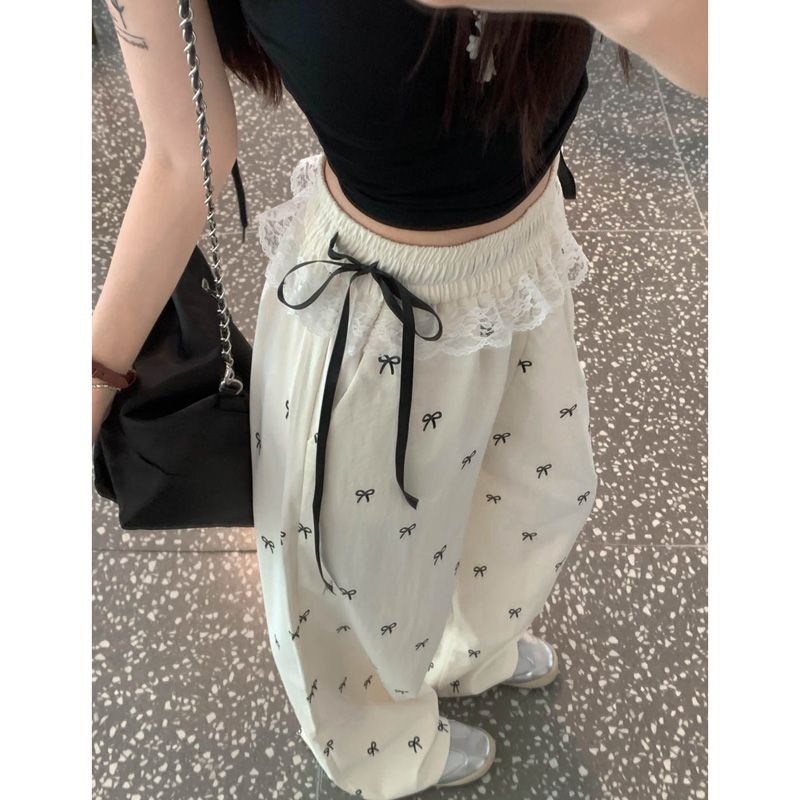 Summer Womens Casual Pants Lace Trim Bow Detail Loose Fit Wide Leg Perfect for Everyday Wear Wholesale Available