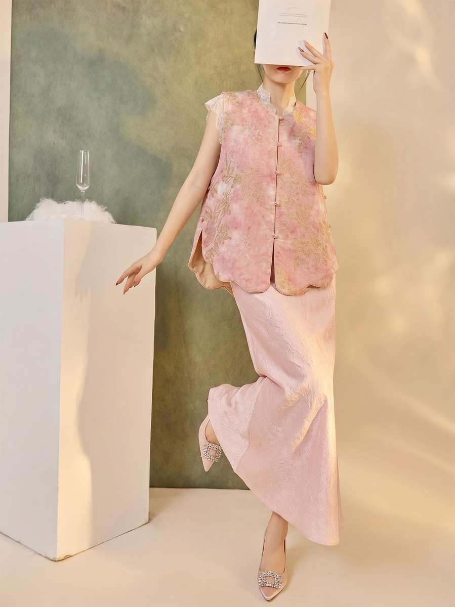 Áo gile nữ dáng vest hai mặt họa tiết hoa cổ chữ V — Màu hồng [Đôi mặt]