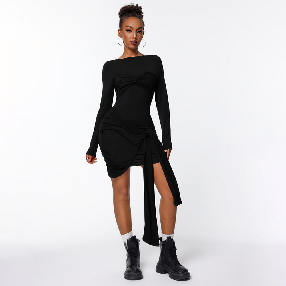 Elegant Womens Dress Unique Design Pleated Waist Defining Slim Fit Autumn Winter Fashion Wholesale Available