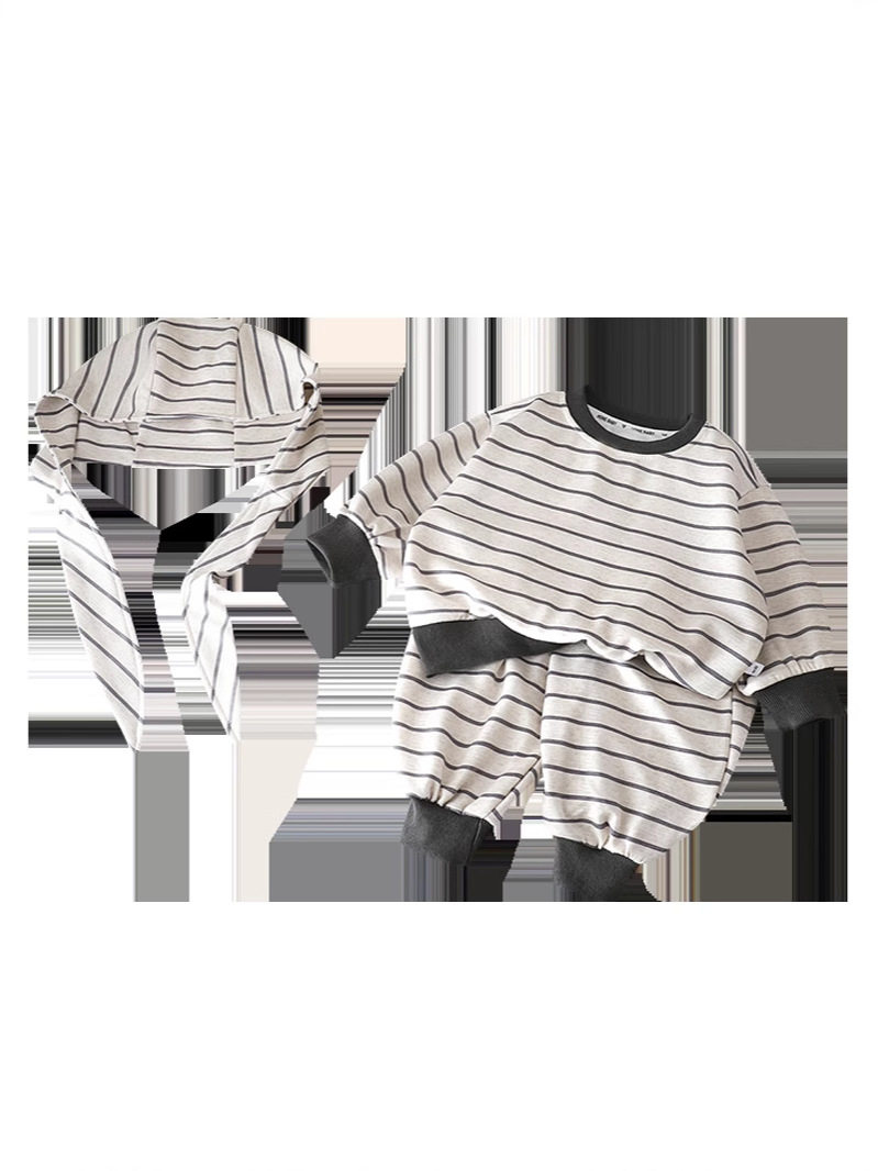 Children's Korean Style Striped Hoodie Set, New Spring & Autumn Top, Versatile Casual Outfit with Earflap Hat