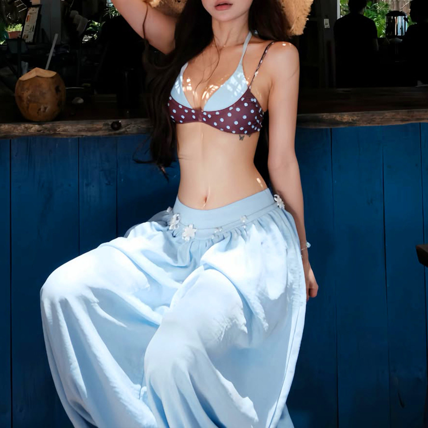 Bohemian Style Womens Summer Set Halter Neck Top High Waisted Lantern Pants Trendy and Sexy Perfect for Casual
