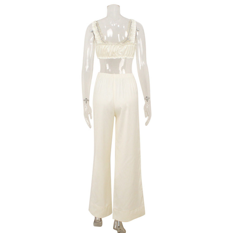 French Style Womens Satin Camisole and Pants Set Soft Peach Color Ruffle Trim Comfortable Fabric Homewear