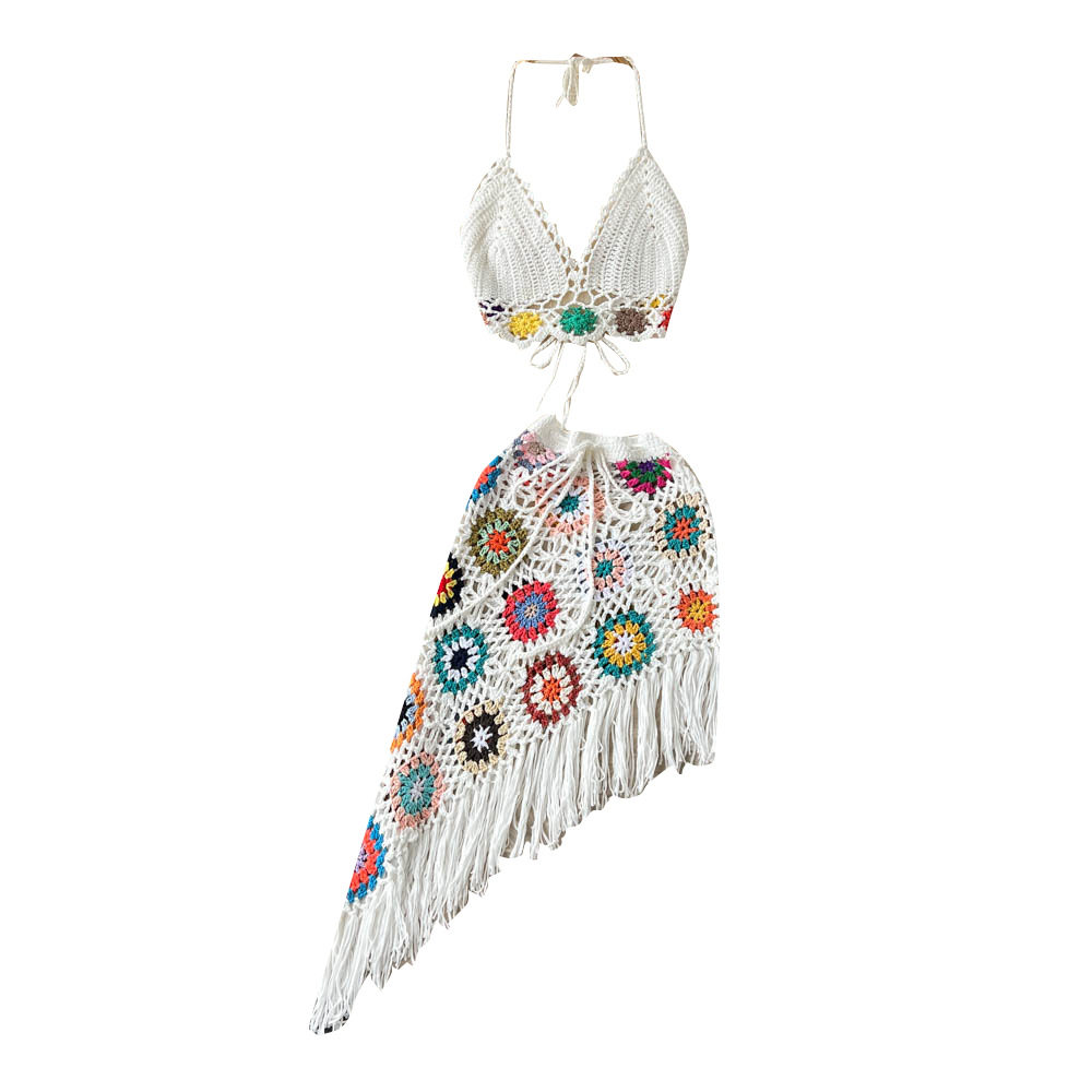 Summer Bohemian Knitted Hollow Crochet Neck V-Neck Tube Top + Irregular Skirt Two-Piece Suit