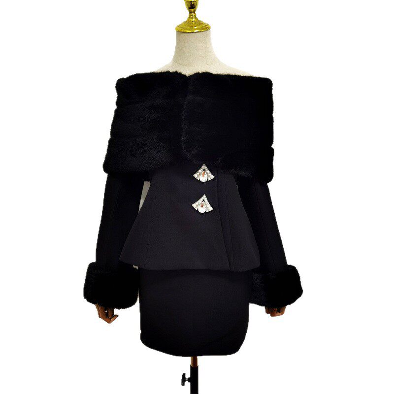 High-end Princess Style Simulation Fur Suit Lady and Lady and Lady Style Fragrant Style One-Shoulder Rich Family Daughter Gold Fur Collar Dress