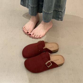 Thick-Soled Birkenstock Slippers for Women 2025 Autumn and Winter New Style Woolen French Lazy Slip-On Cork Mule Toe Slippers