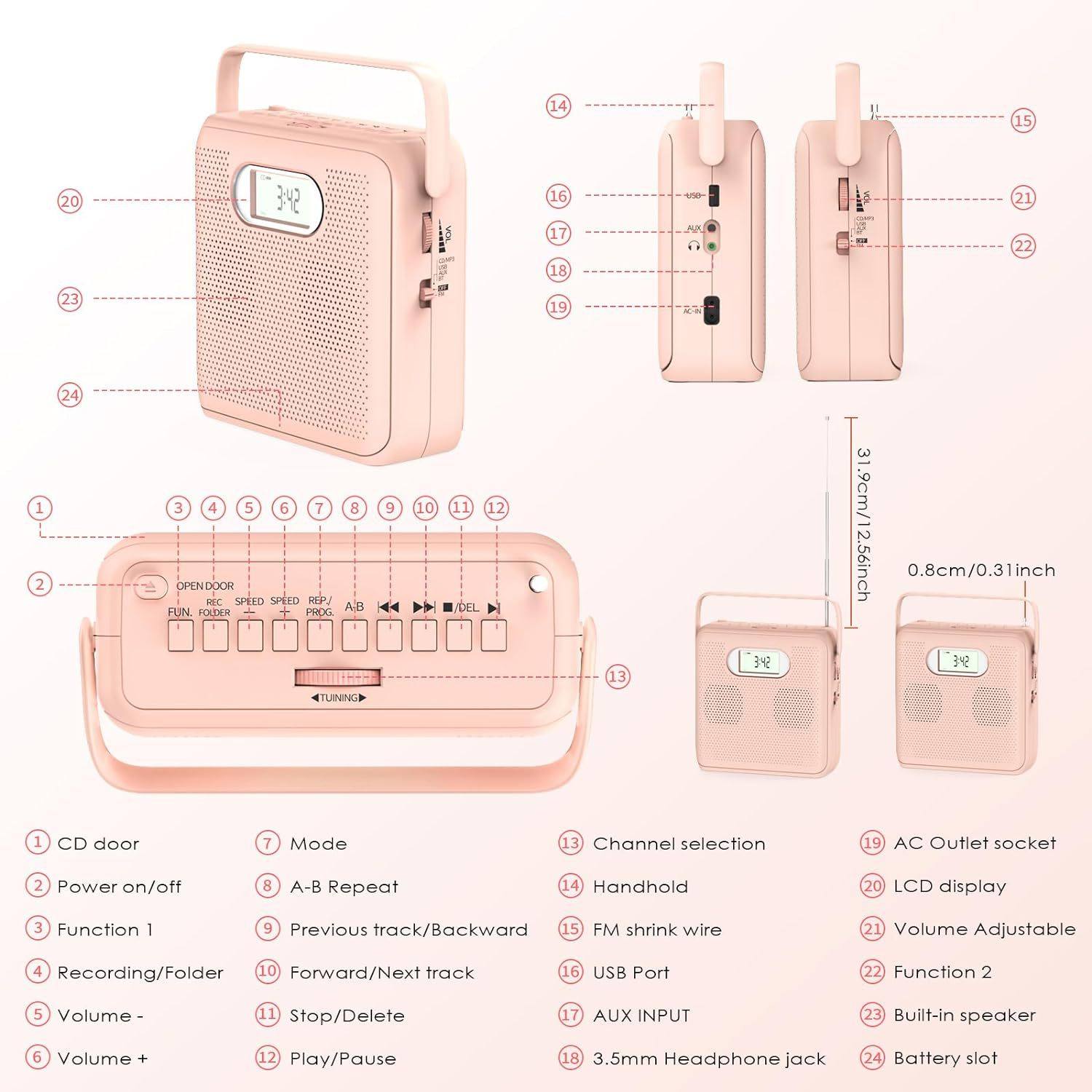 Pink Satchel Satchel Cd Player English Prenatal Education Cd Radio Cassette Recorder All-In-One Machine Super Stereo