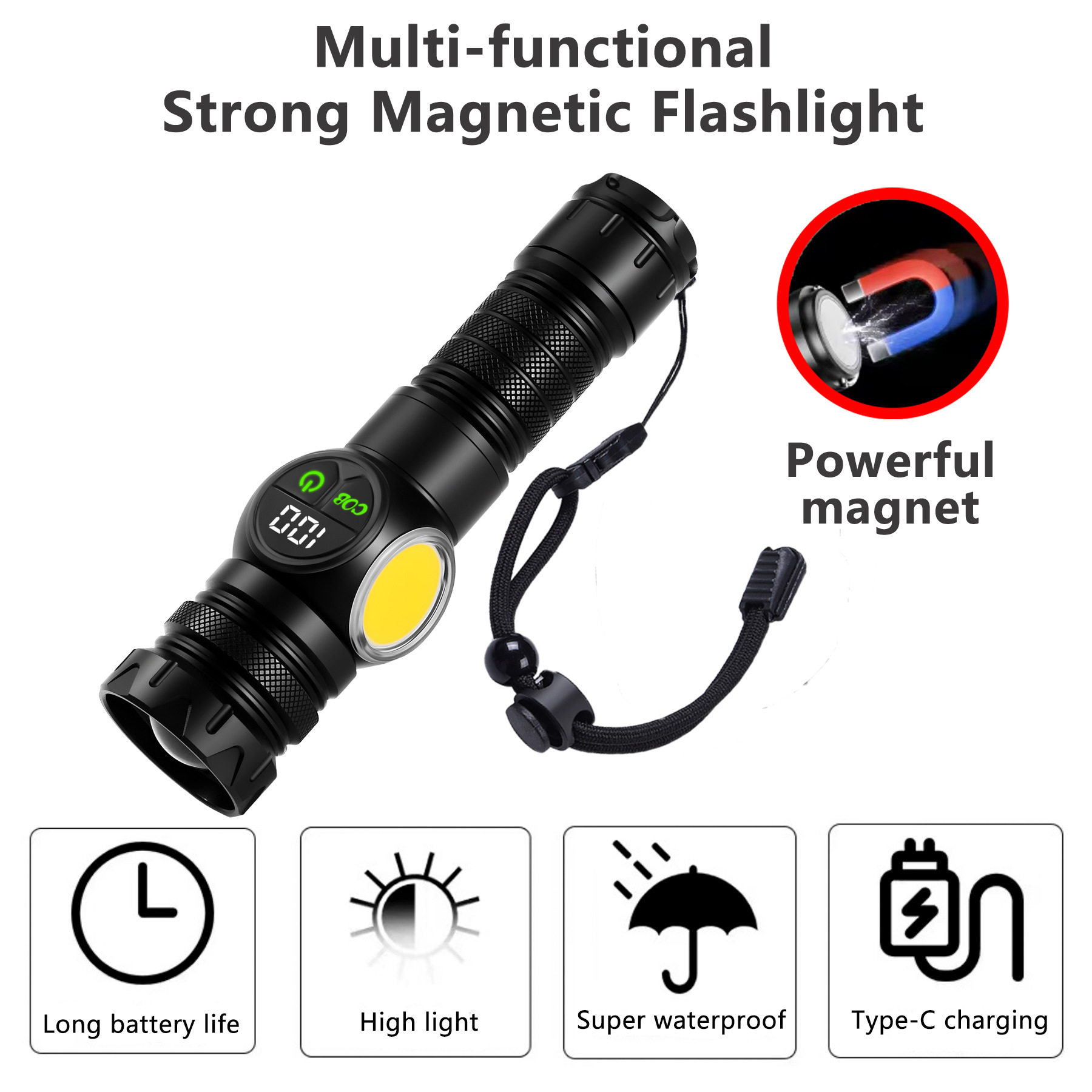 New white laser multi-function strong flashlight screen digital display tail magnet COB side light for foreign trade
