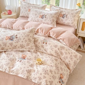 Popular Pure Cotton Brushed Bed Sheet Four-Piece Set, Fresh Style, All-Season Class a Washed Cotton Bed Sheet and Duvet Cover, Dormitory Three-Piece Set