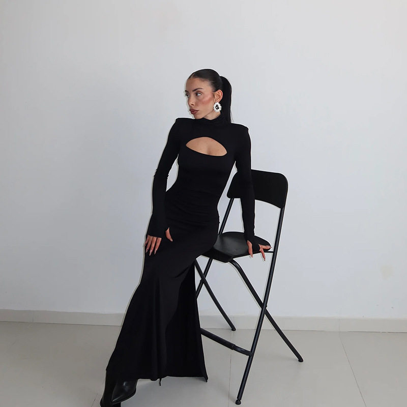 Long Sleeve Bodycon Dress Hollow Out Design Solid Color Elegant Style Perfect for Autumn and Winter Occasions