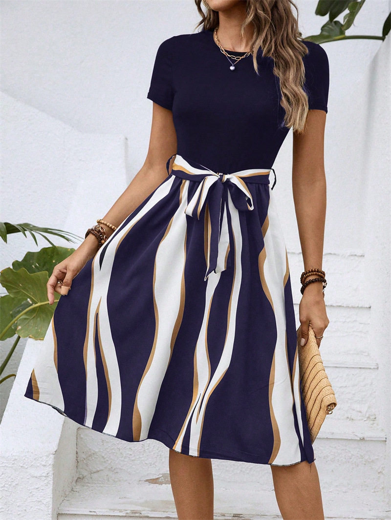 Women's Printed Colorblock Elegant Casual Office Belted