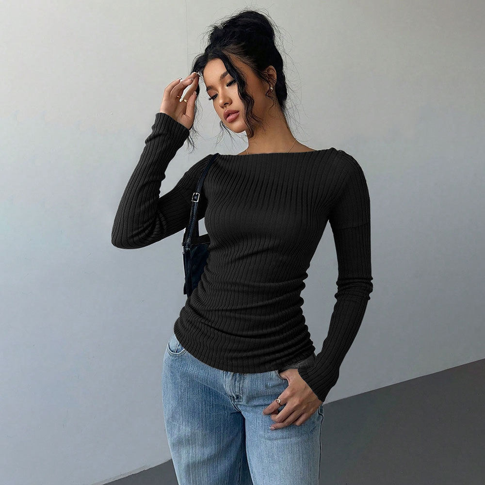 V Neck Long Sleeve Ribbed Knit Top Soft Fabric Slim Fit Solid Color Casual Wear for Women Wholesale Available