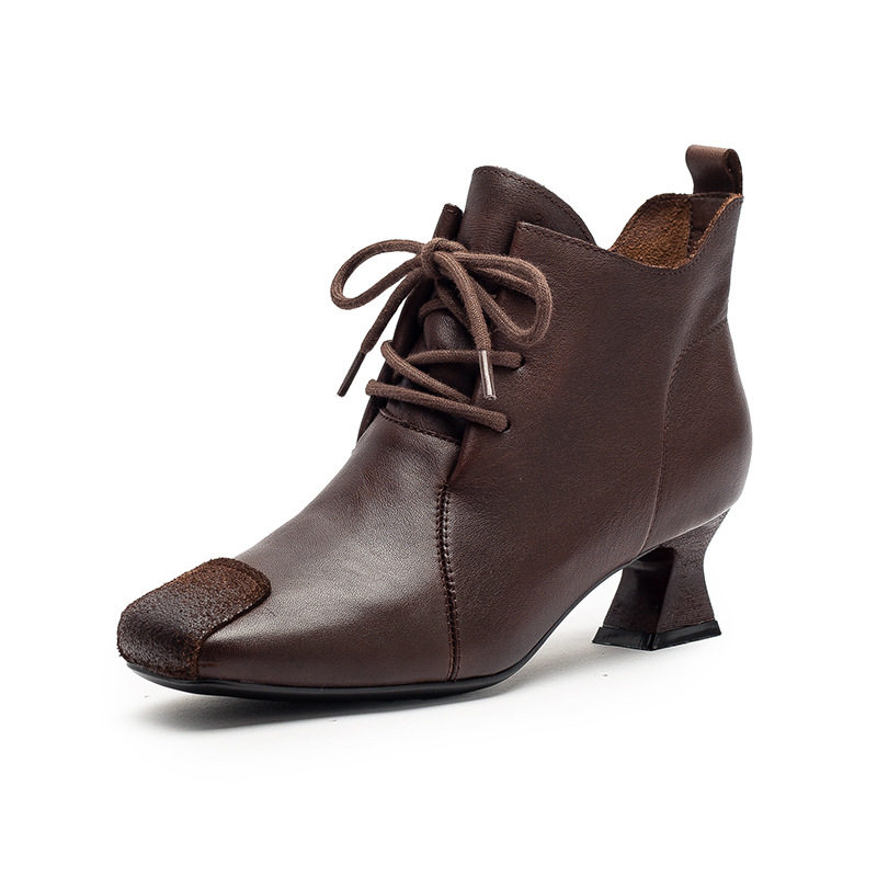 Boot Nữ Da Bò Cổ Lửng Gót Vuông Chiều Cao Đế Khoảng 5cm Màu Đen, Nâu
