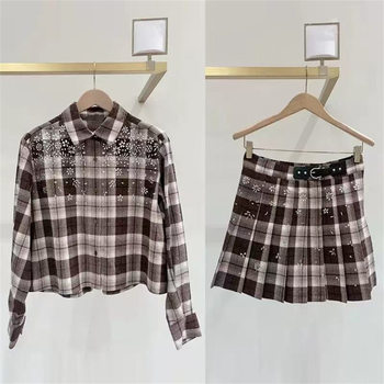 French Niche 25 Autumn and Winter New Retro Coffee Plaid Flower Diamond Polo Collar Shirt Pleated Skirt Suit