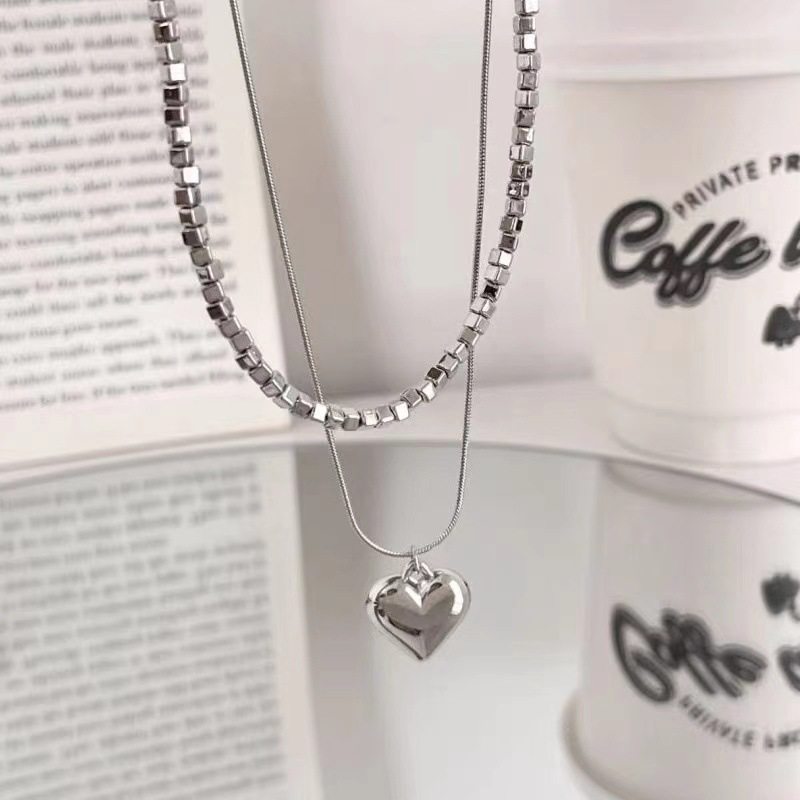 Simple Silver Small Square Double-Layer Love Necklace Women's ins Short Heart-Shaped Pendant Niche Design Clavicle Chain