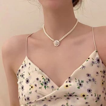 Camellia Pearl Necklace Women's Clavicle Chain Chocker Necklace Flower Korean Style Korean Dongdaemun Same Style Casual