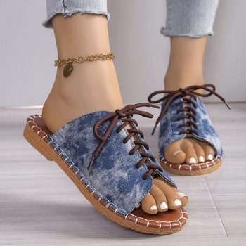 In-Stock European and American Style Large Size Women's Slippers 2025 Summer Lace-Up Peep-Toe Slippers for Outdoor Wear Flat Casual Cross-Strap Sandals