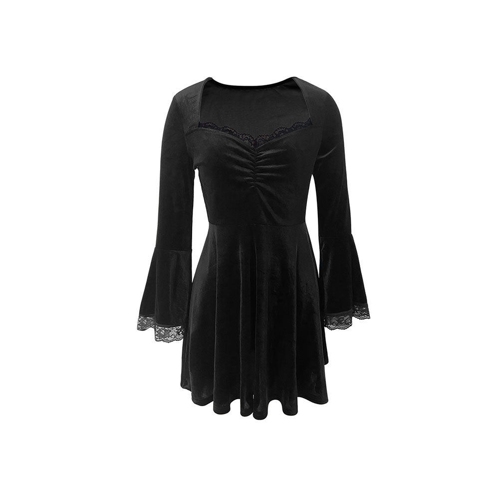 French Vintage Black Velvet A Line Dress Lace Square Neck Flared Sleeves Elegant Spring Summer Wear Wholesale