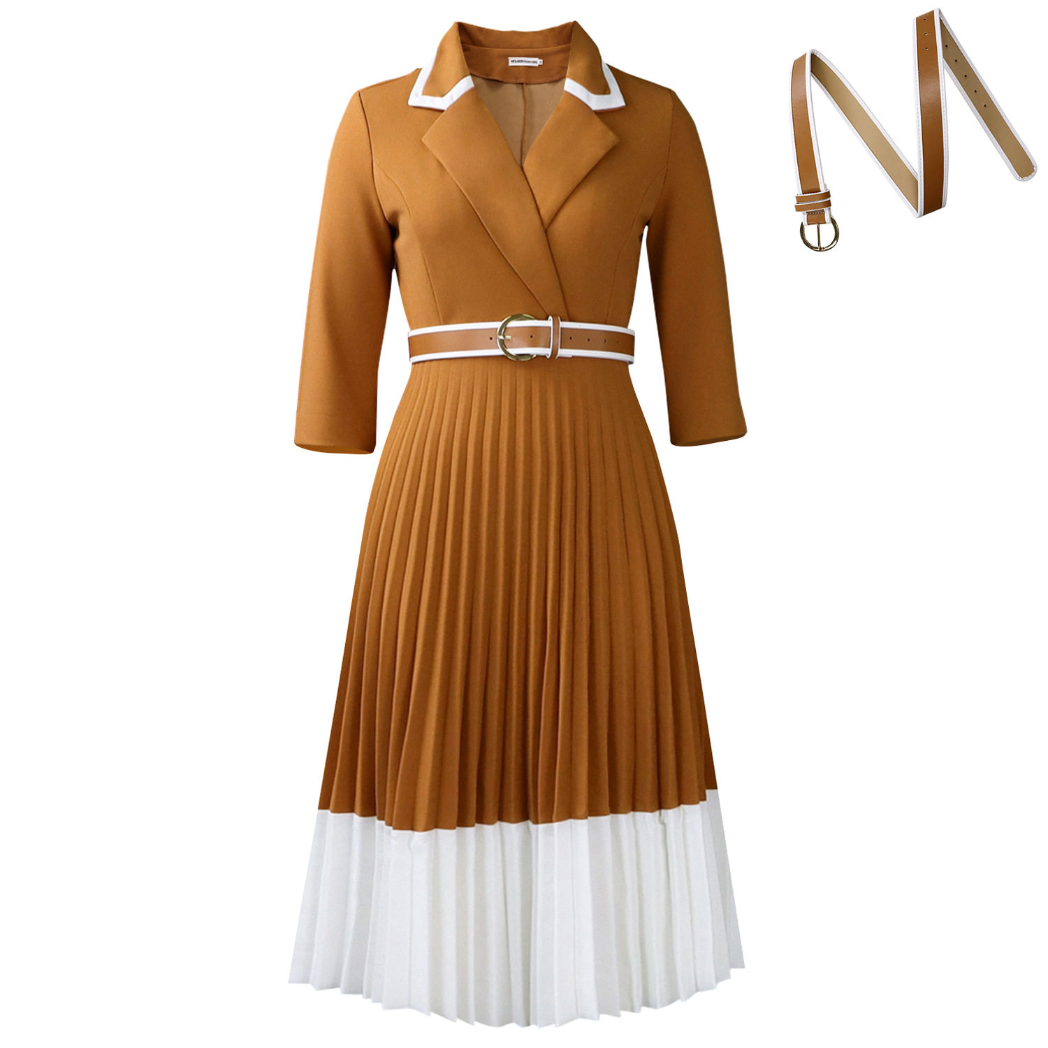 Color Block A Line Dress Long Sleeve Pleated Solid Color Autumn Winter Fashion for Women Wholesale Available