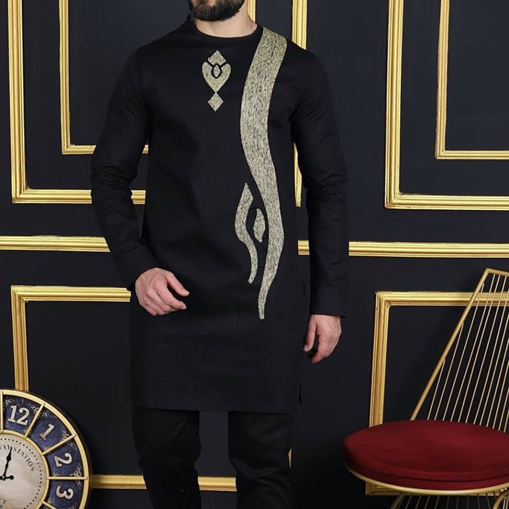 传统外贸非洲风格男士结婚新西装2件套圆领长袖上衣加裤子外贸